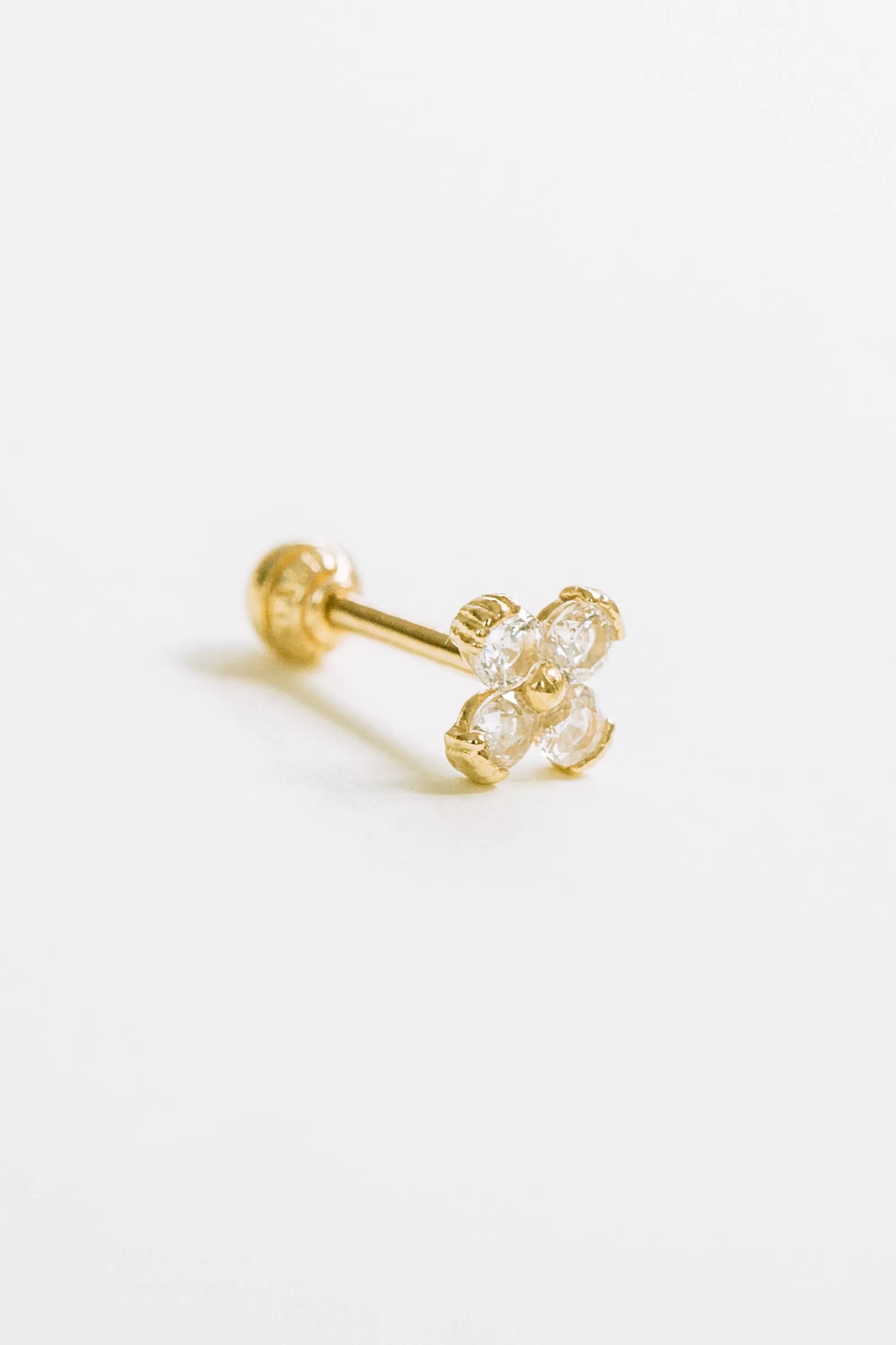 14k Gold Cubic Four Petals Flower Barbell Ear Stud Piercing