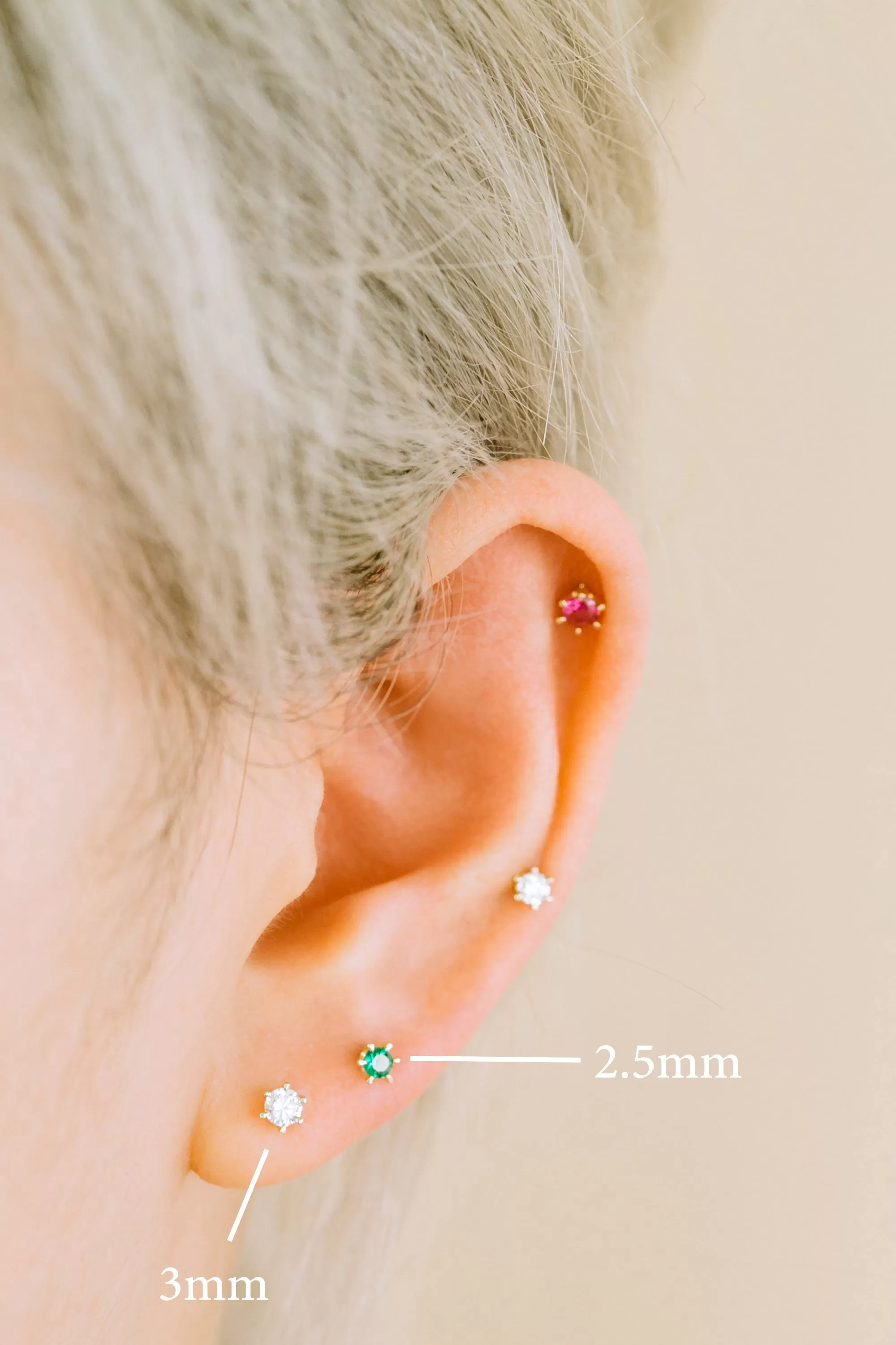 14k Real Gold Birthstone 3mm Cubic Tragus Cartilage Inner Conch Helix Ear Stud Internally threaded Earring Labret Piercing For Women