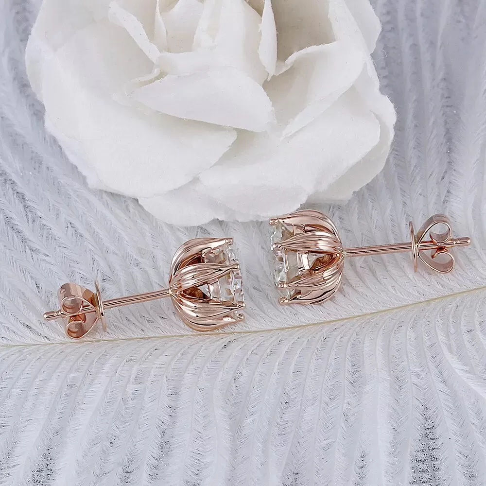 14k Rose Gold or 925 Silver Flower Moissanite Stud Earrings 2ctw