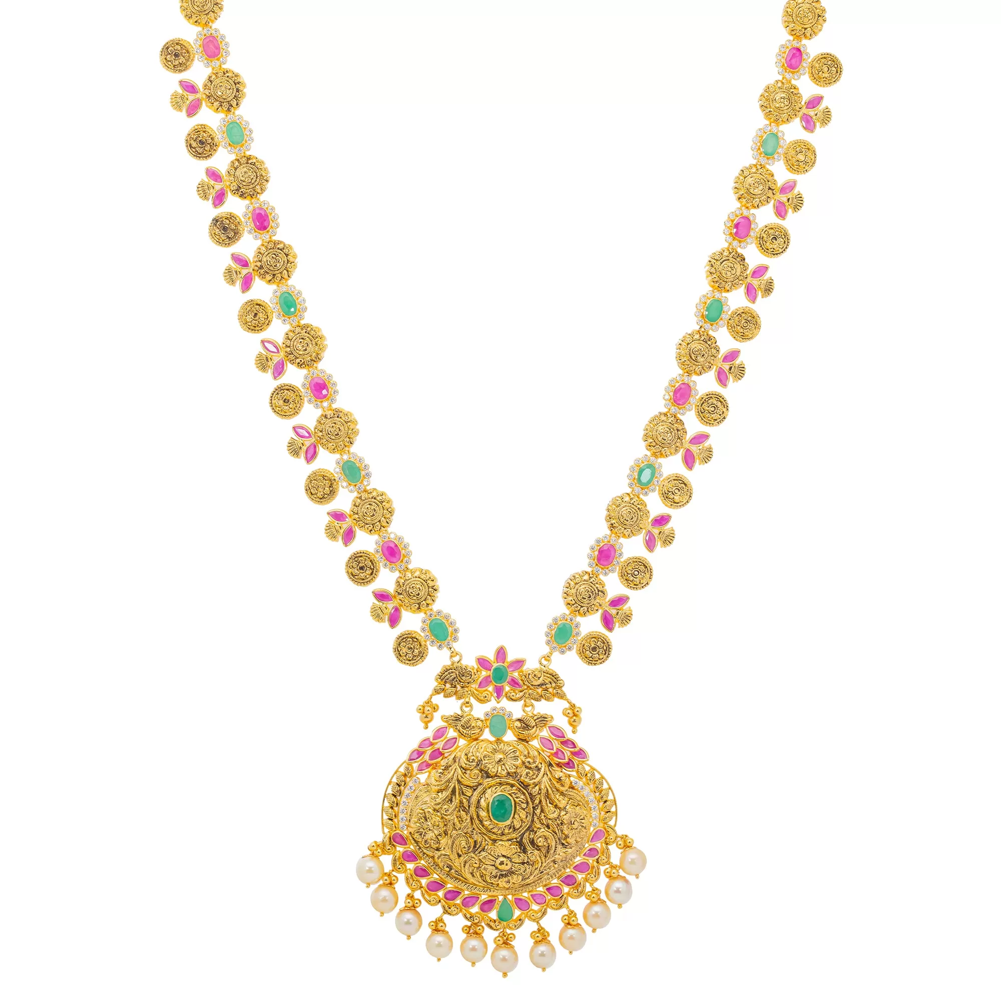 22K Yellow Gold & Multi-Stone Long Temple Necklace (74.7gm)