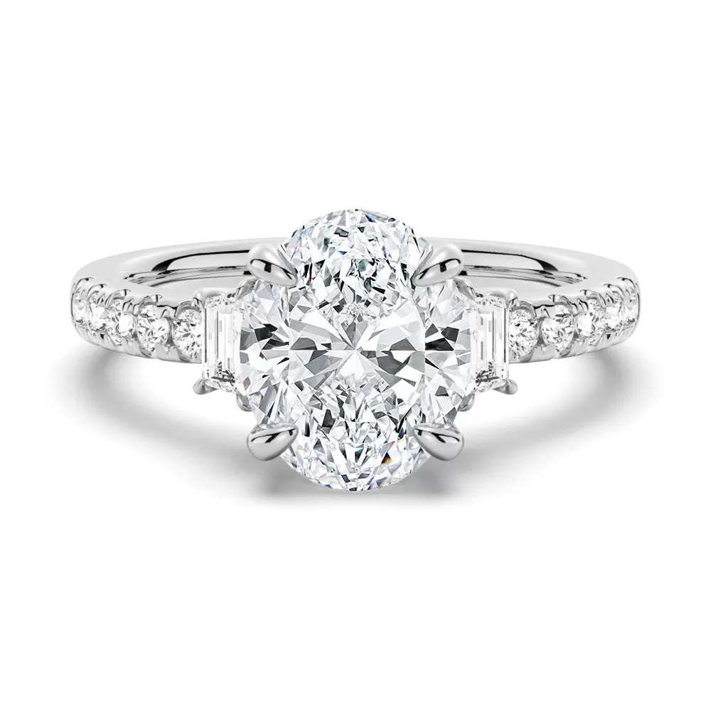 3 CT. Three Stone Oval & Half Moon Moissanite Engagement Ring with Pavé Band