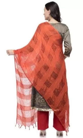 A R Silk Women's Cotton Window Check Orange Regular Dupatta