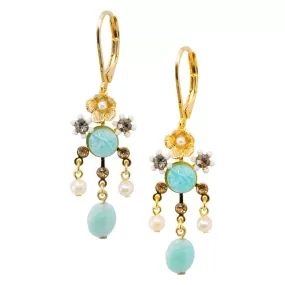 Amazonite and Pearl Flower Drop Earrings by Eric et Lydie