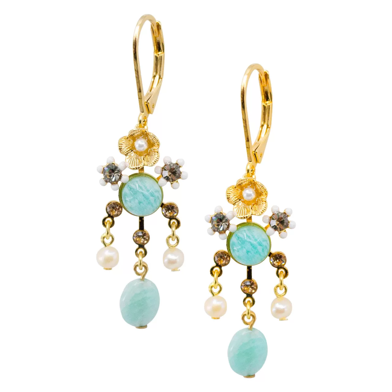 Amazonite and Pearl Flower Drop Earrings by Eric et Lydie