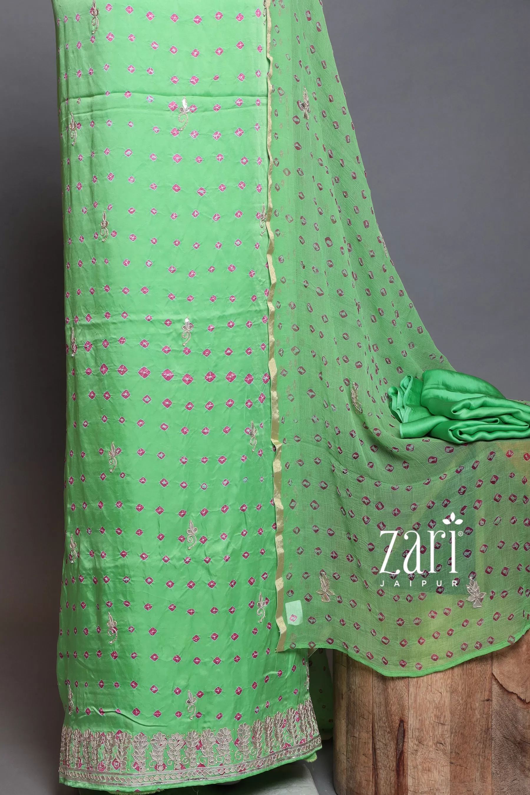 Bandhej Satin silk Unstitched Suit with Dori, Gota, Gota Patti, Pearl, Sequins work.