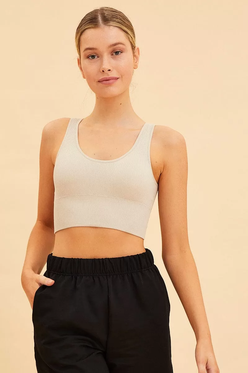 Beige Bone Seamless Tank Top Scoop Neck Rib Crop