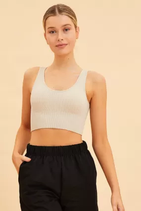 Beige Bone Seamless Tank Top Scoop Neck Rib Crop