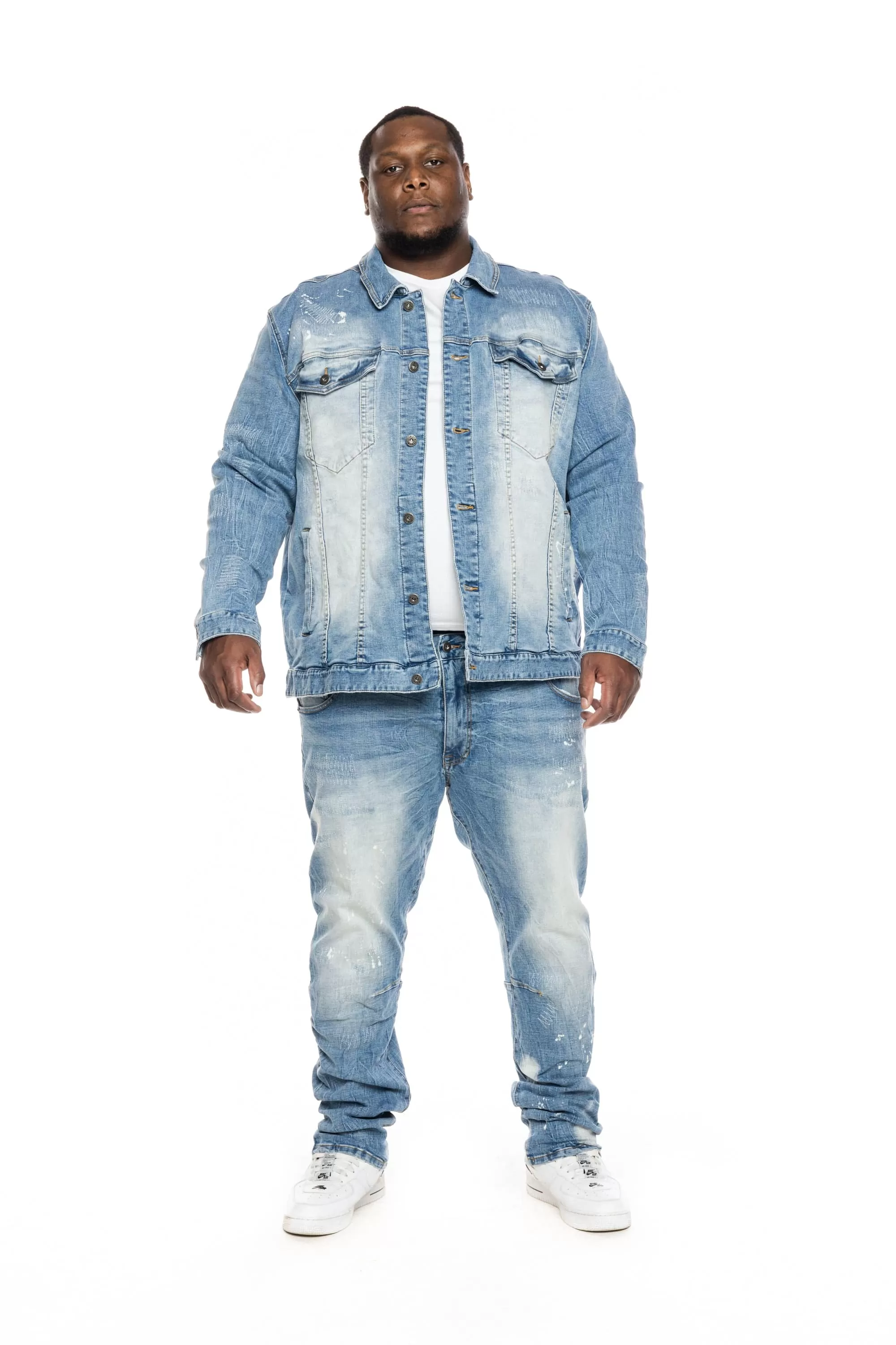 Big and Tall Bleached Detail Semi Basic Jean Jacket - Ocean Blue