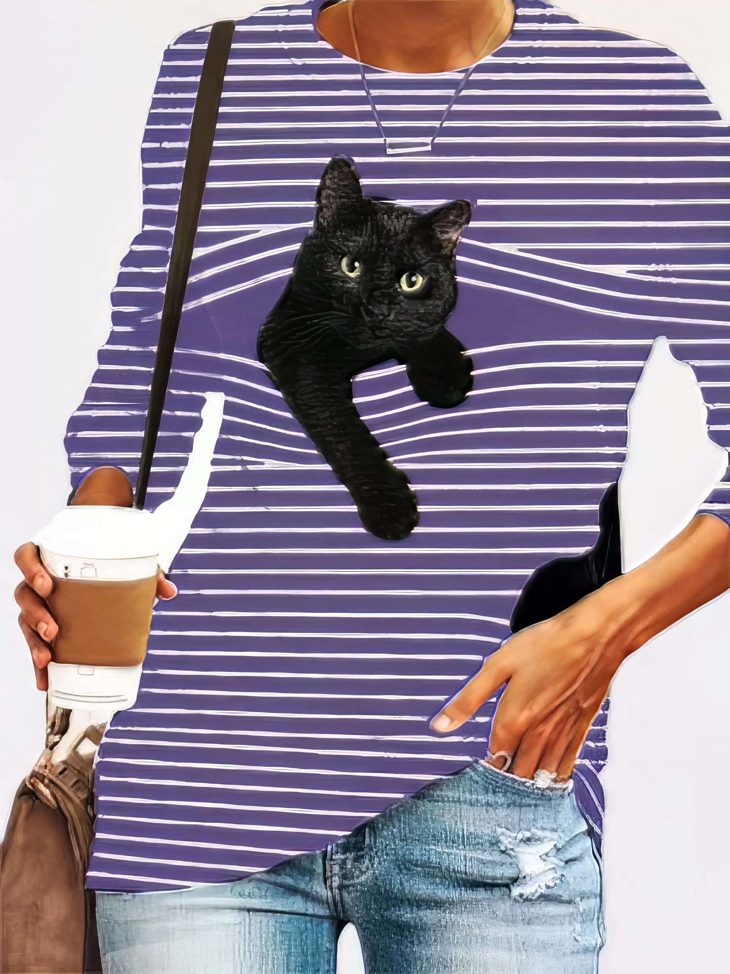 Black Feline Pattern Long Sleeve Striped White Round Neck Plus Size Tee