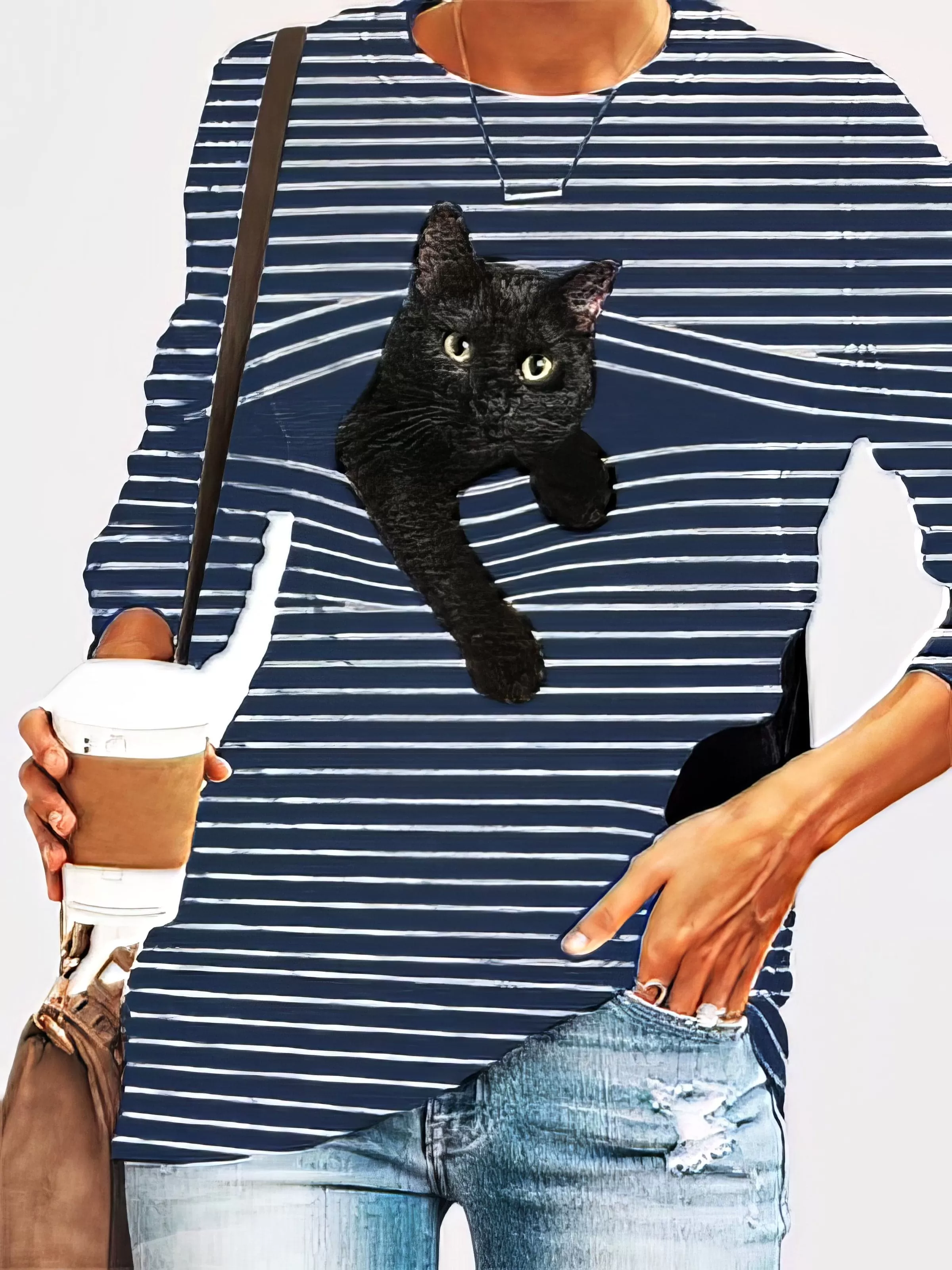 Black Feline Pattern Long Sleeve Striped White Round Neck Plus Size Tee