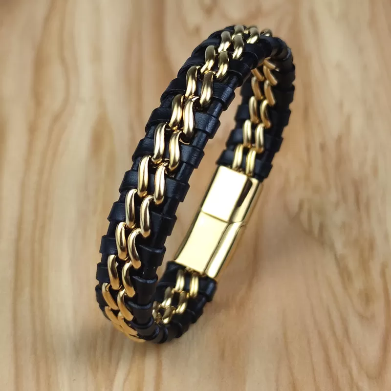 Black Leather Woven Gold Stainless Steel Magnetic Bracelet