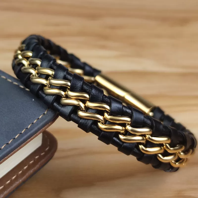 Black Leather Woven Gold Stainless Steel Magnetic Bracelet