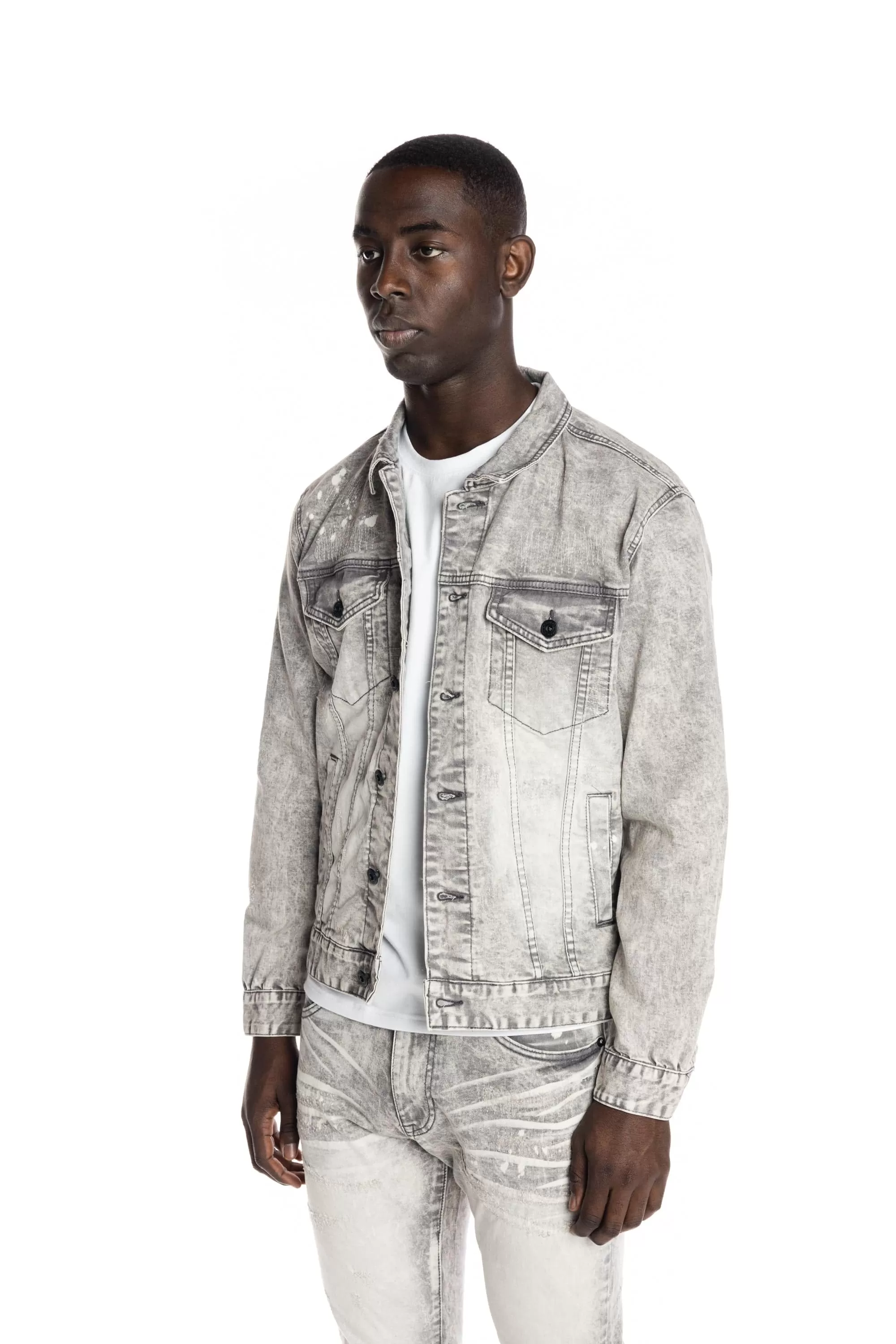 Bleached Detail Semi Basic Jean Jacket - Frost Grey