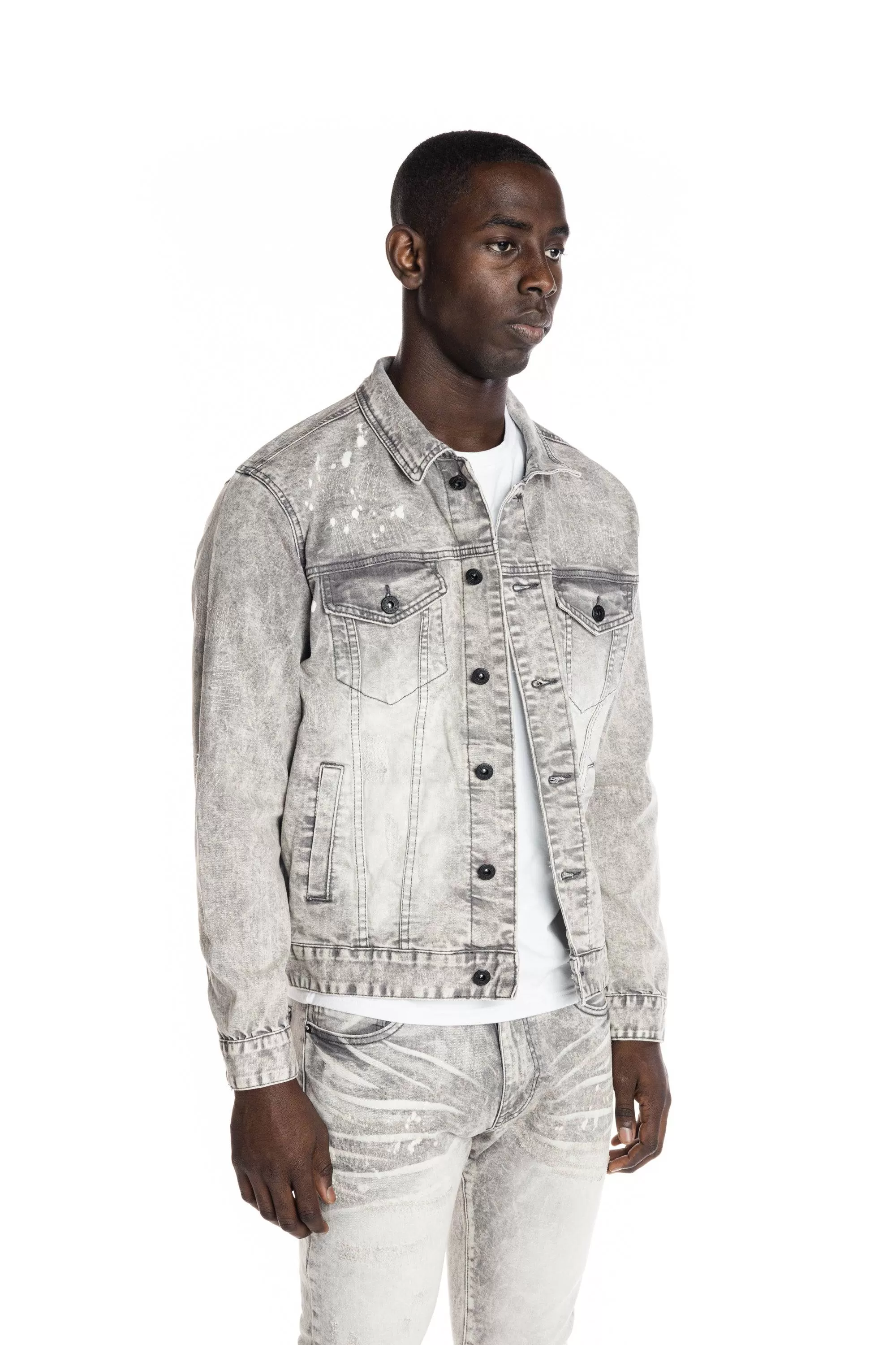 Bleached Detail Semi Basic Jean Jacket - Frost Grey