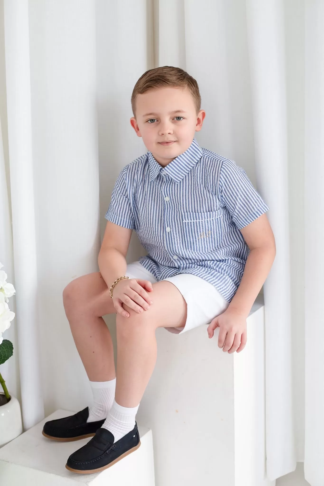 Boys Dark Blue Stripe Short and Shirt Set