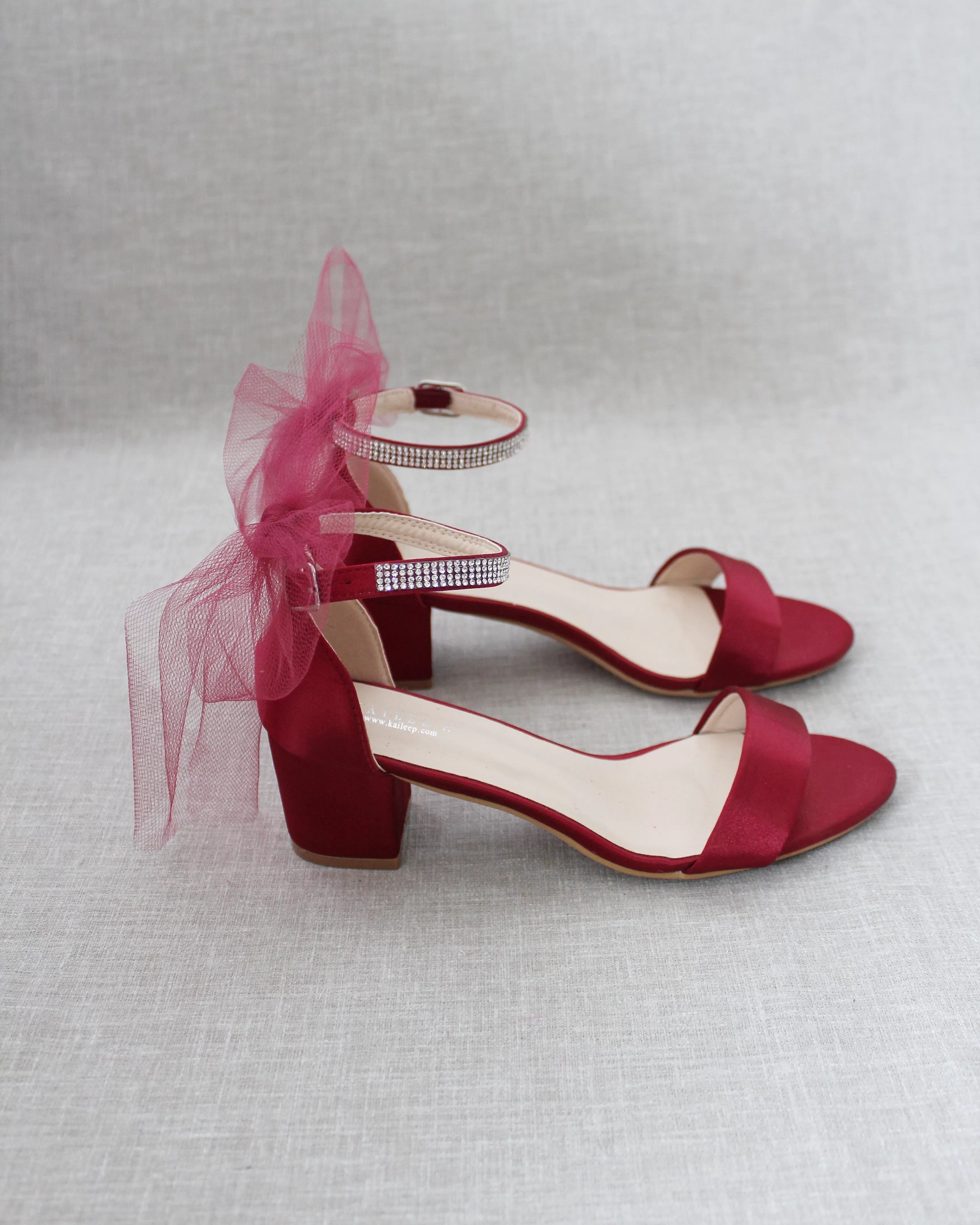 Burgundy Satin Block Heel Sandals with Tulle Back Bow