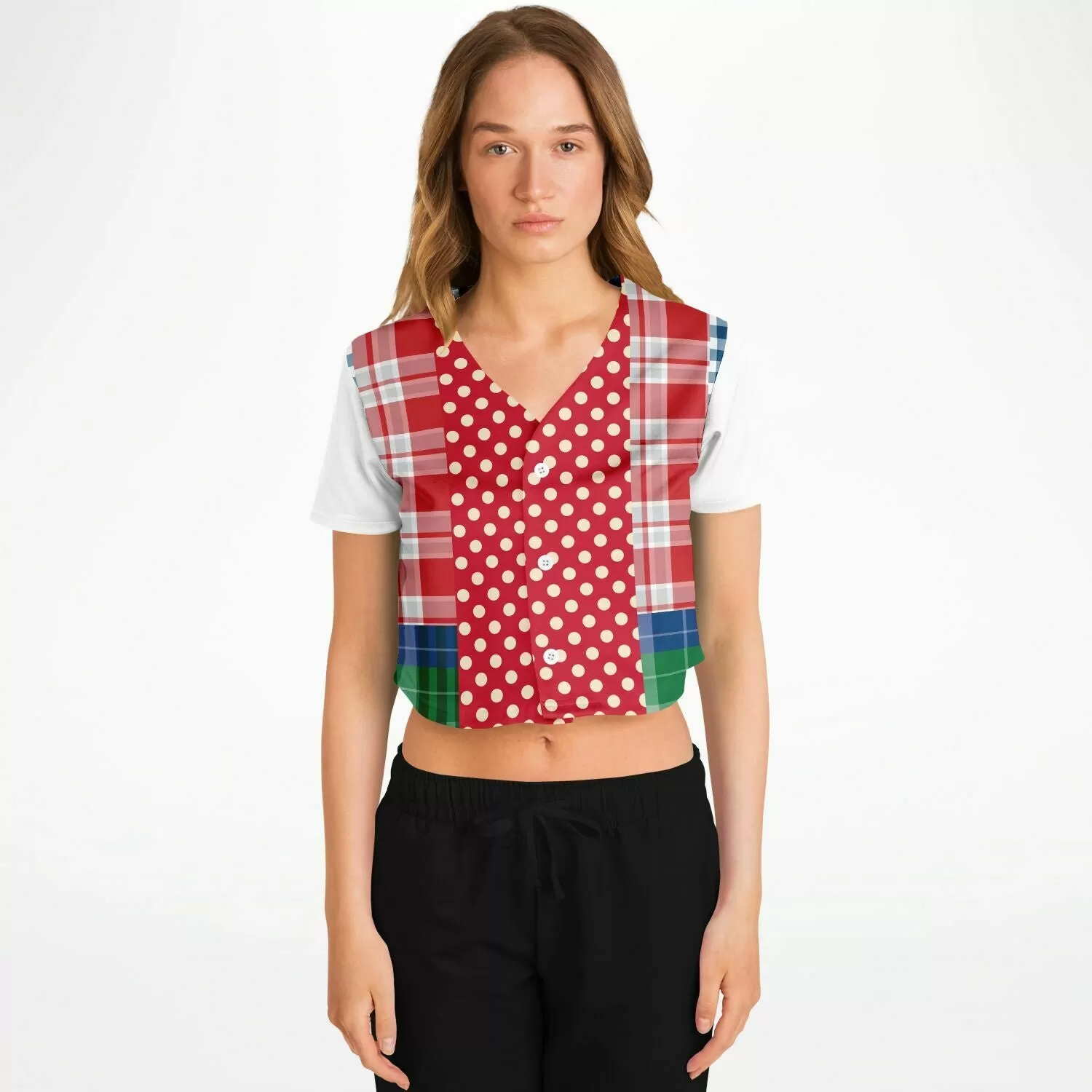 Busan Fleur Plaid Patchwork Cropped Button Front Jersey