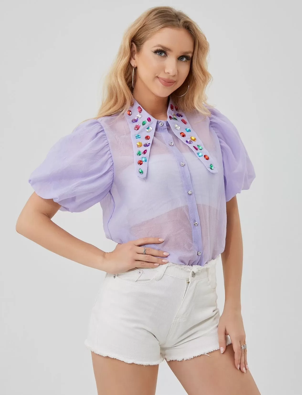 Camicia Donna Colletto Pietre Multicolore Gioiello Bottoni Velata Mezza Manica Sbuffo