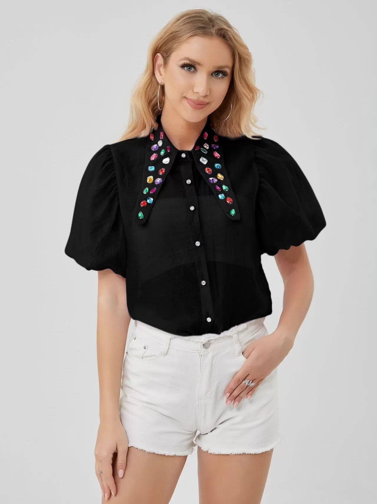 Camicia Donna Colletto Pietre Multicolore Gioiello Bottoni Velata Mezza Manica Sbuffo