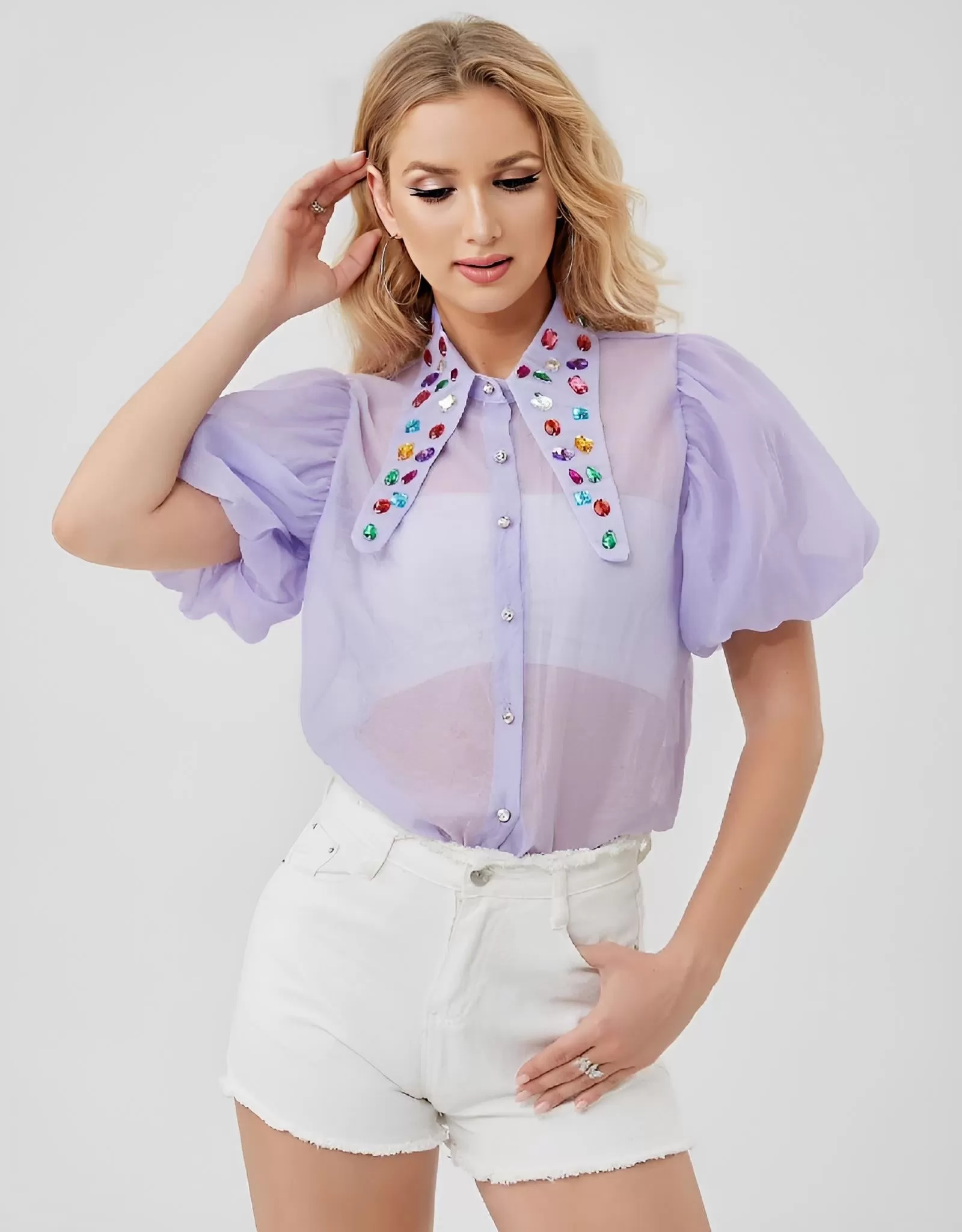 Camicia Donna Colletto Pietre Multicolore Gioiello Bottoni Velata Mezza Manica Sbuffo