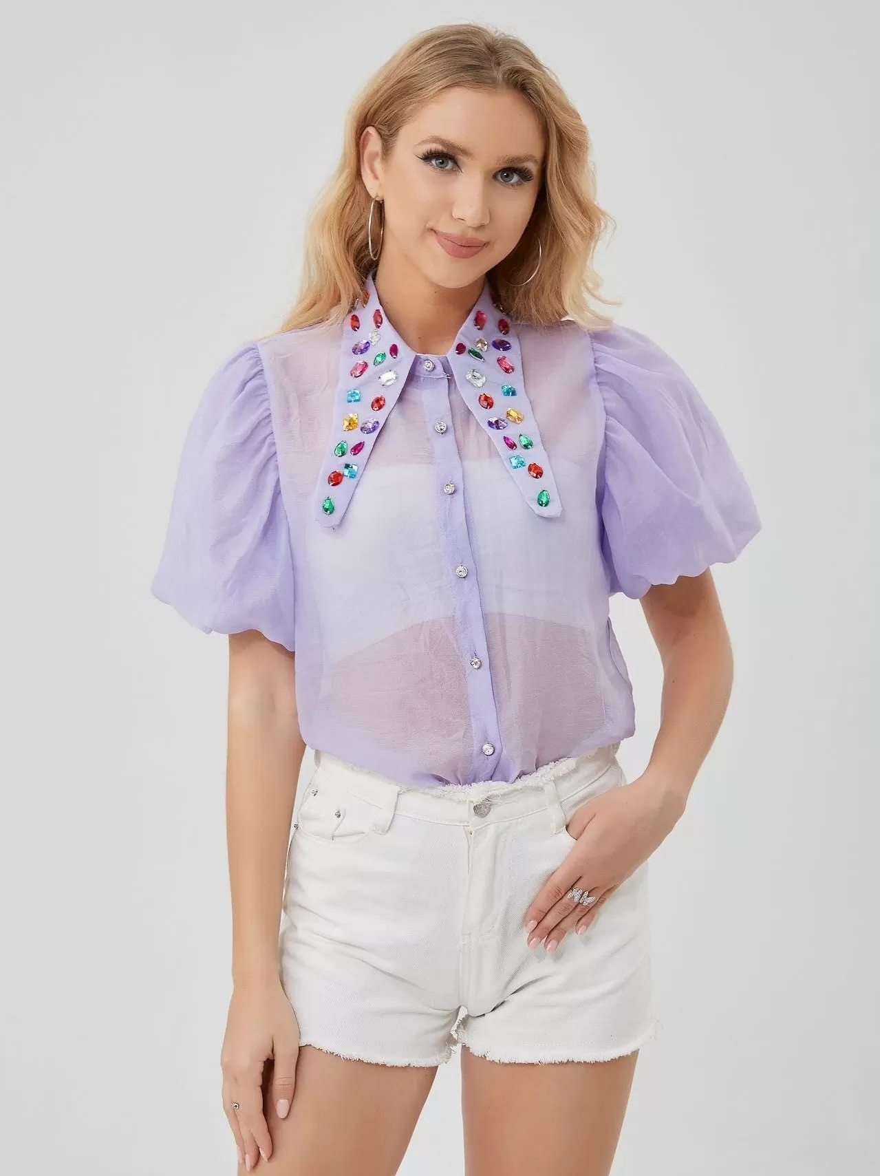 Camicia Donna Colletto Pietre Multicolore Gioiello Bottoni Velata Mezza Manica Sbuffo