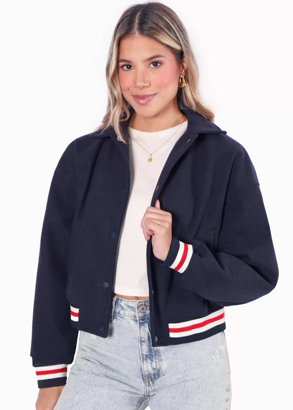 Chaqueta tipo college con puños y ruedo en contraste - RAISA