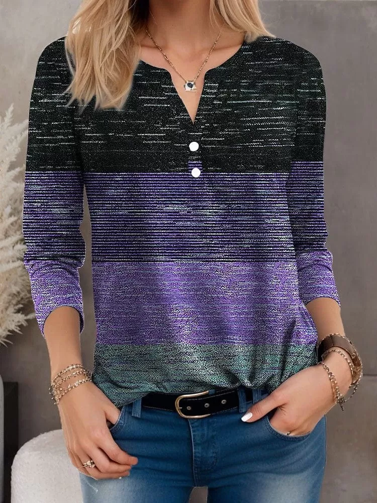 Color Block Women's T-shirt Henley Shirt with Long Sleeve V Neck