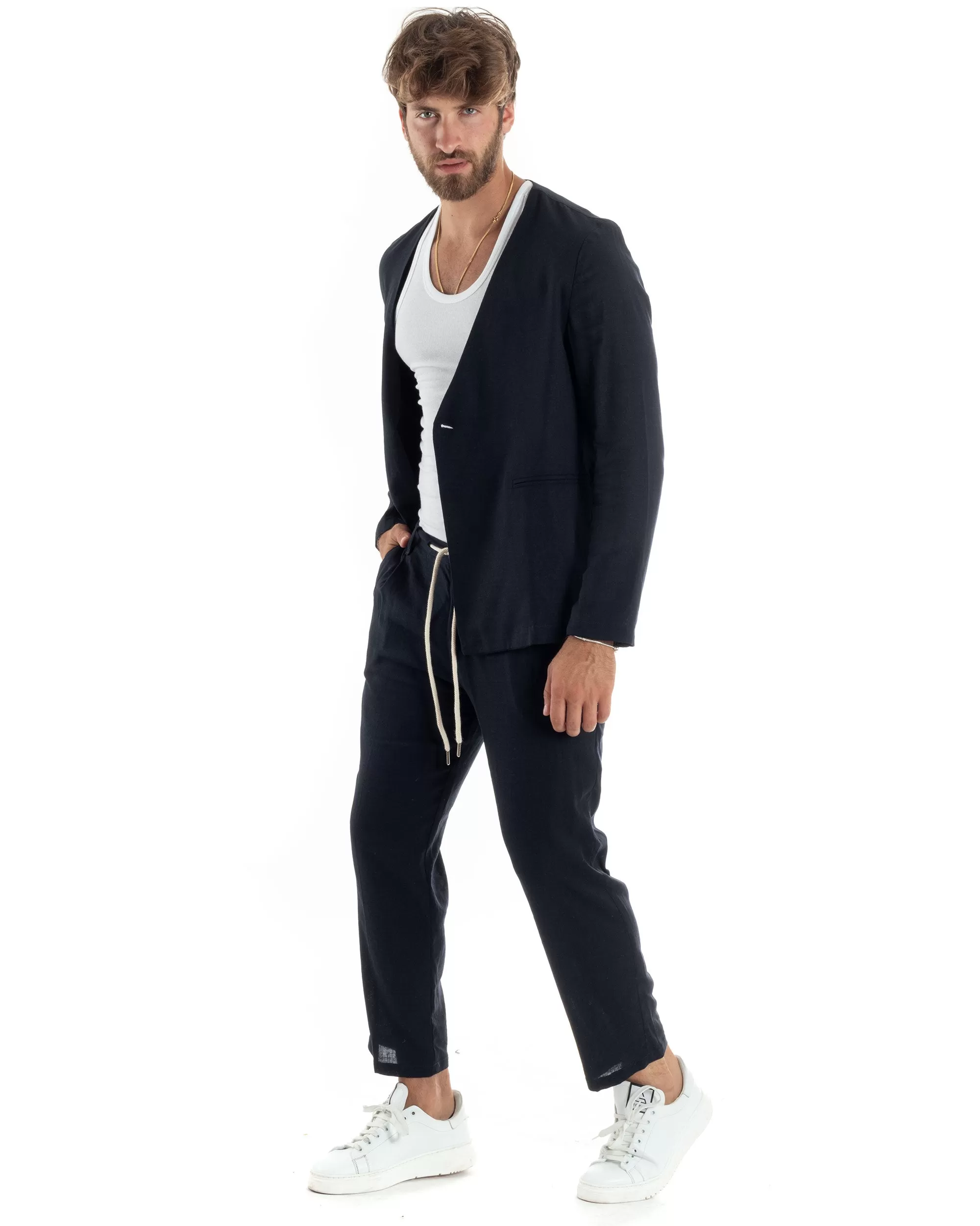 Completo Set Coordinato Uomo Lino Elegante Giacca Monopetto Senza Revers Scollata Pantaloni Basic Con Coulisse Outfit Regular Fit Blu GIOSAL-OU2465A