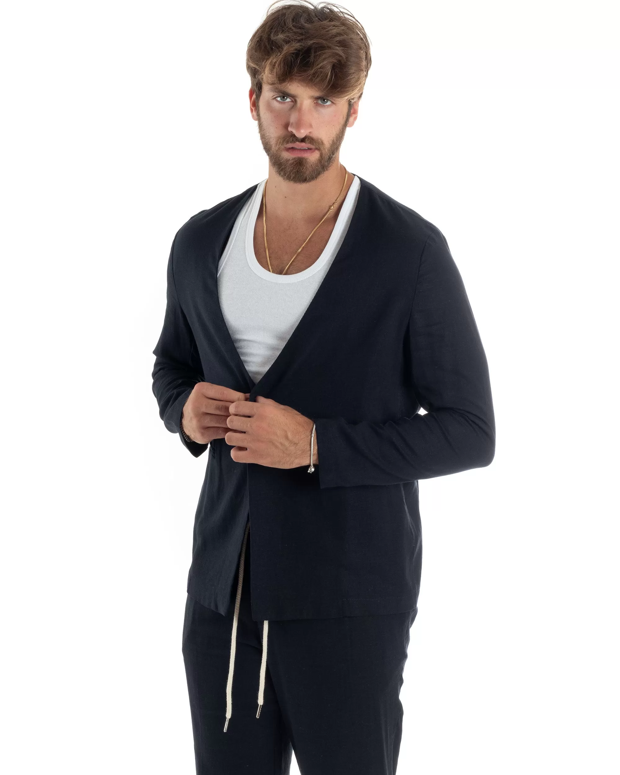 Completo Set Coordinato Uomo Lino Elegante Giacca Monopetto Senza Revers Scollata Pantaloni Basic Con Coulisse Outfit Regular Fit Blu GIOSAL-OU2465A