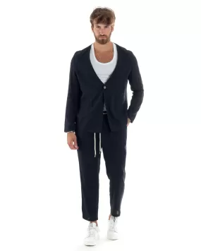 Completo Set Coordinato Uomo Lino Elegante Giacca Monopetto Senza Revers Scollata Pantaloni Basic Con Coulisse Outfit Regular Fit Blu GIOSAL-OU2465A