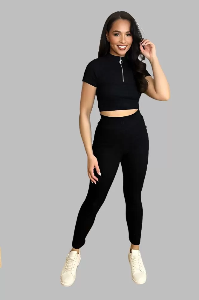 Cotton Blend Pull Ring Zip Crop Top And Trousers Set