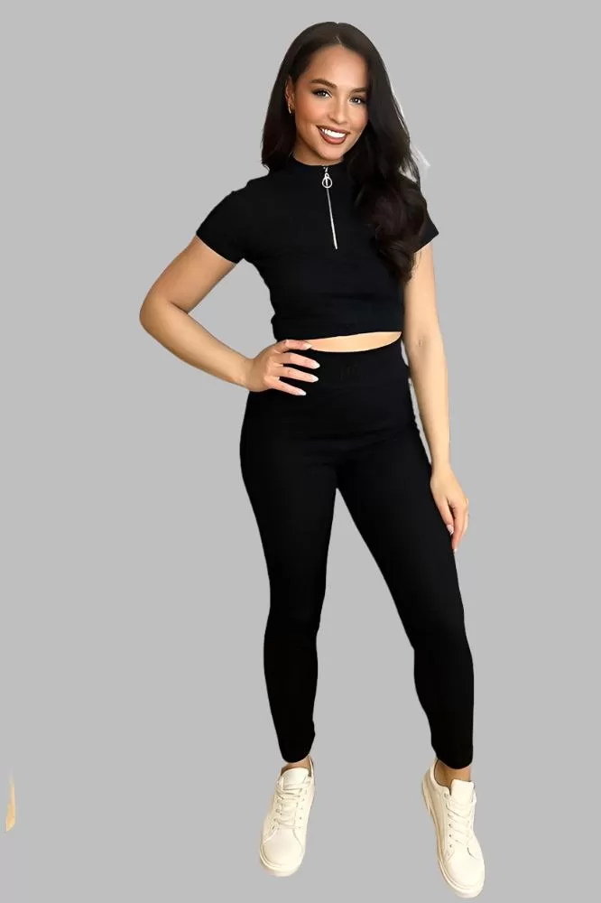 Cotton Blend Pull Ring Zip Crop Top And Trousers Set