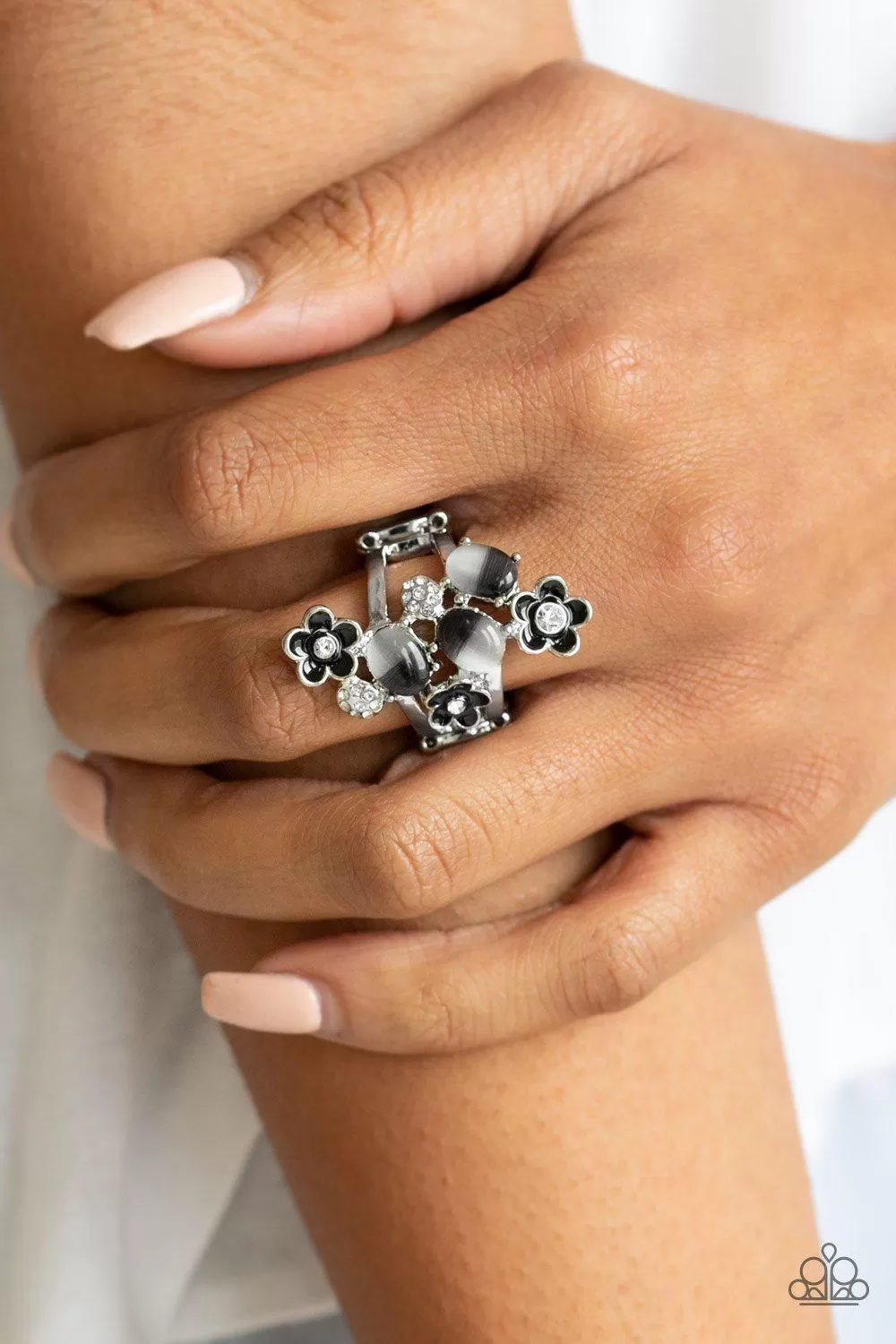 Daisy Delight Black and White Moonstone Flower Ring - Paparazzi Accessories