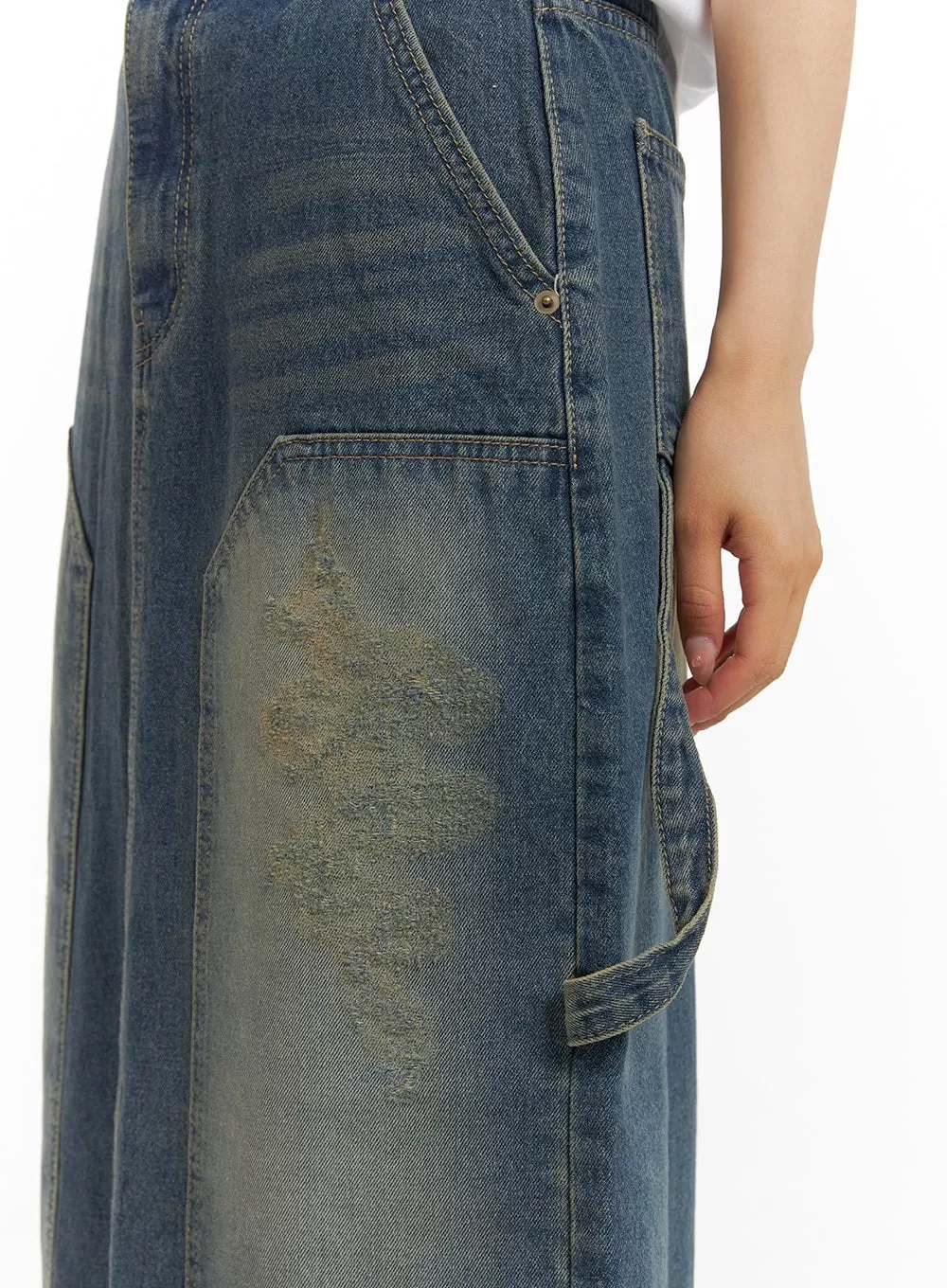 Destroyed Detail Denim Maxi Skirt CA408