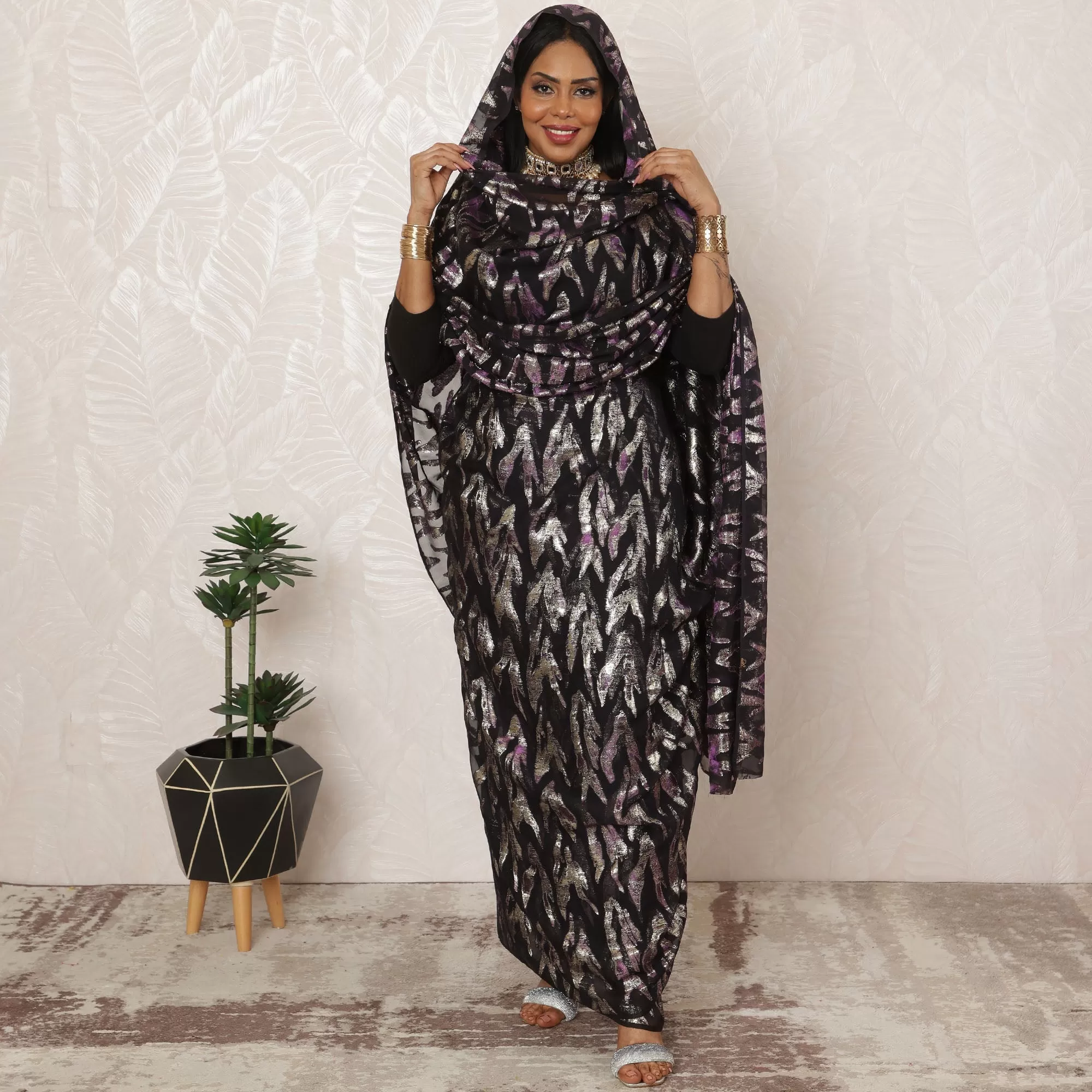 Elegant Black Sudanese Thobe Fabric in Pure Silk Chiffon with Metallic Lurex, 4.5 Meters, 110 cm Width-D20420