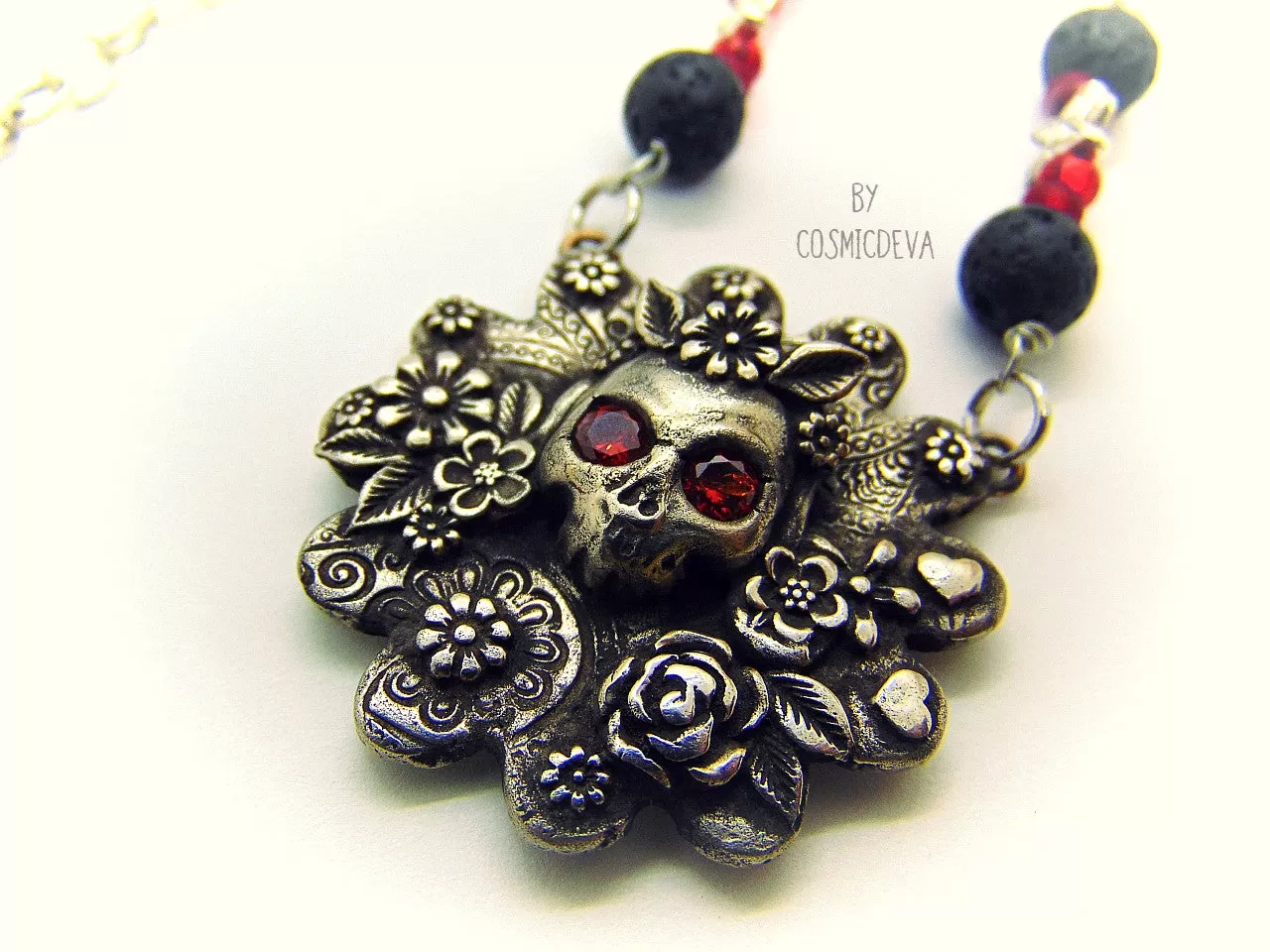 Frida Kahlo Sugar Skull Flower Roses Silver Bronze Necklace