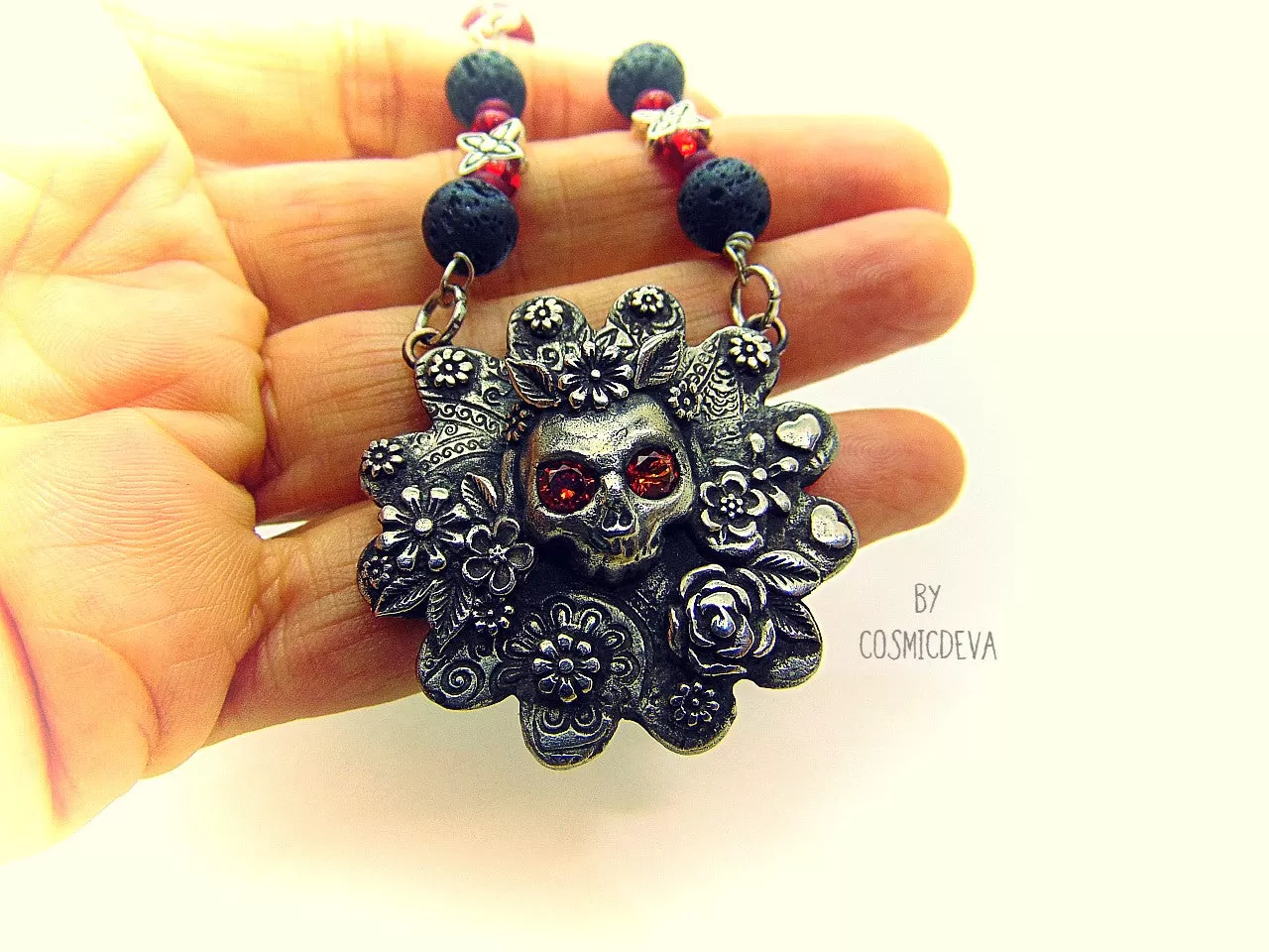 Frida Kahlo Sugar Skull Flower Roses Silver Bronze Necklace