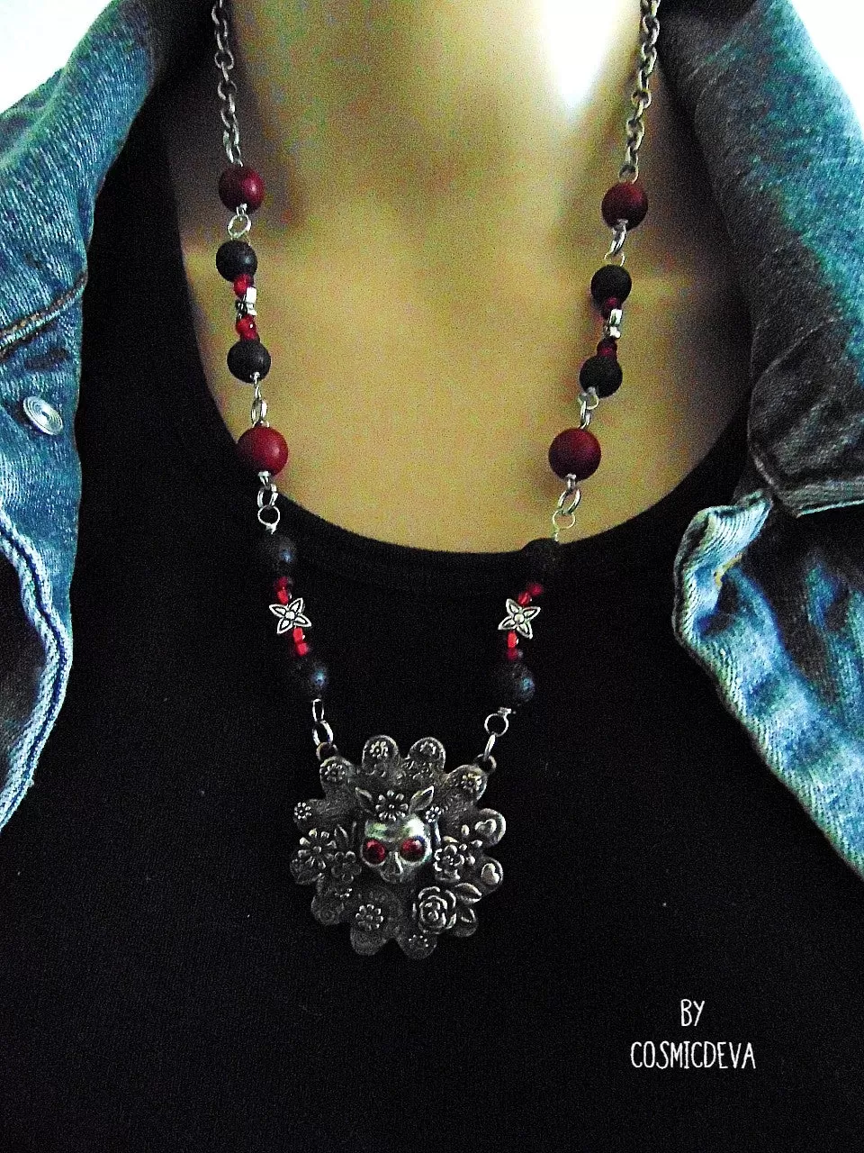 Frida Kahlo Sugar Skull Flower Roses Silver Bronze Necklace