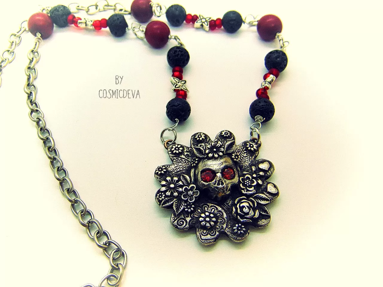 Frida Kahlo Sugar Skull Flower Roses Silver Bronze Necklace