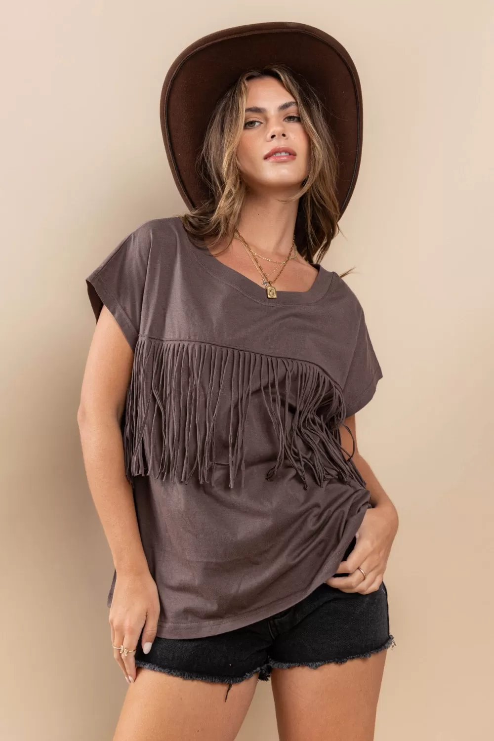 Fringe Detail Round Neck Short Sleeve Top Charcoal