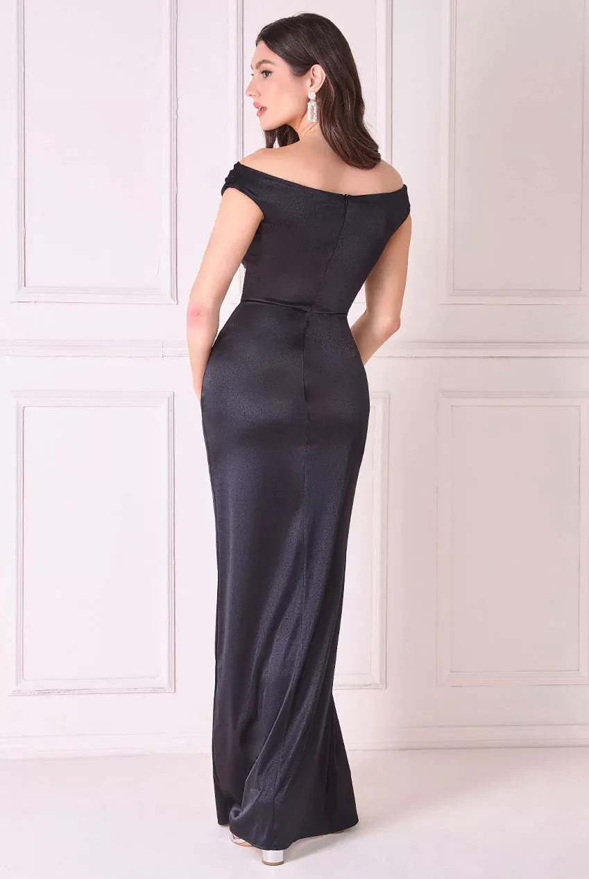 Goddiva Cowl Bardot Satin Twill Maxi Dress