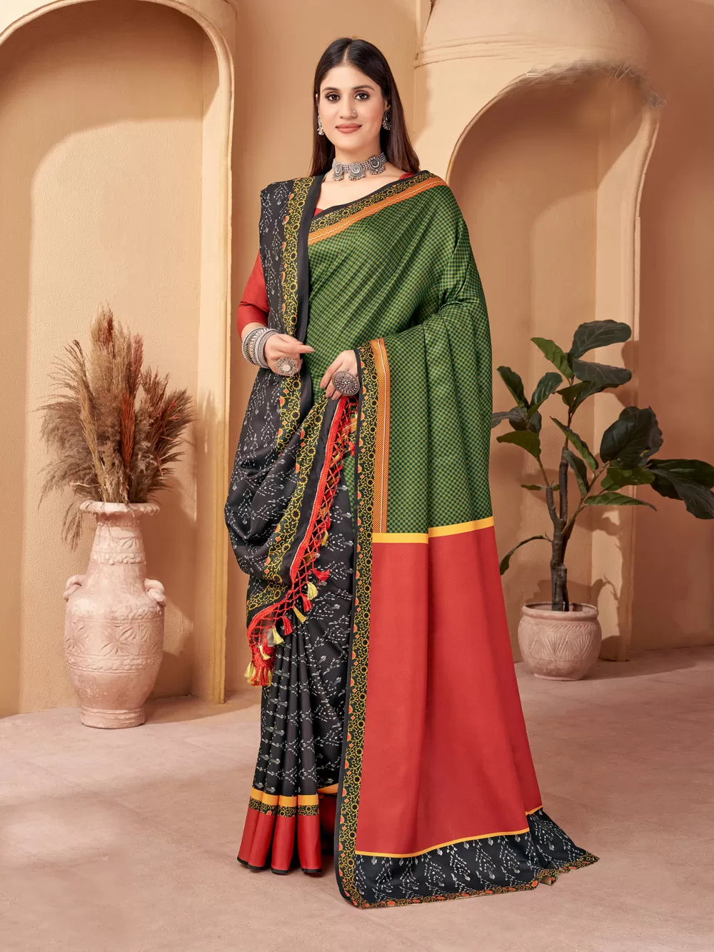 Green Grace: Vibrant Pashmina Saree with Matching Shawl