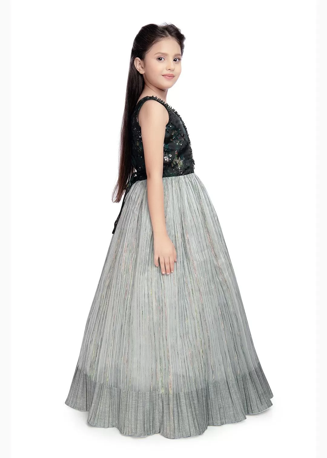 Grey Coloured Pleating Fabric Maxi Dress Gown For Girls