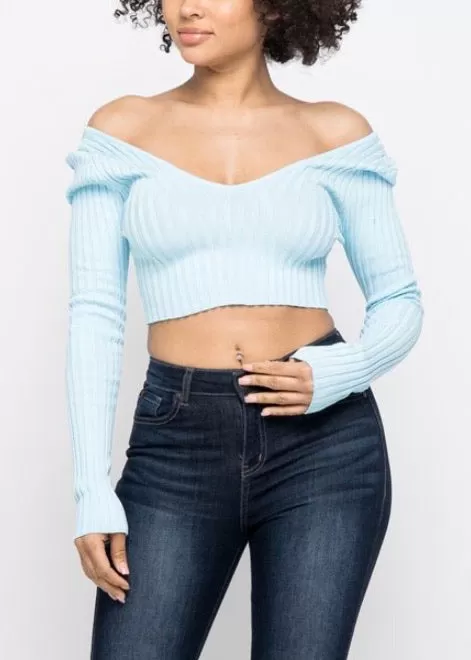 Hera Collection Long Sleeve V-Neck Off Shoulder Crop Top (Baby Blue) 21915