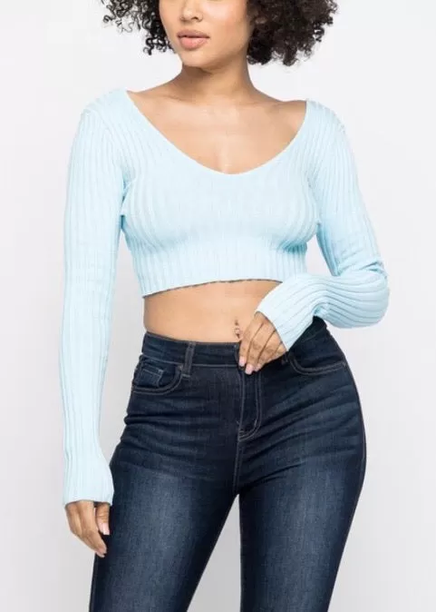 Hera Collection Long Sleeve V-Neck Off Shoulder Crop Top (Baby Blue) 21915