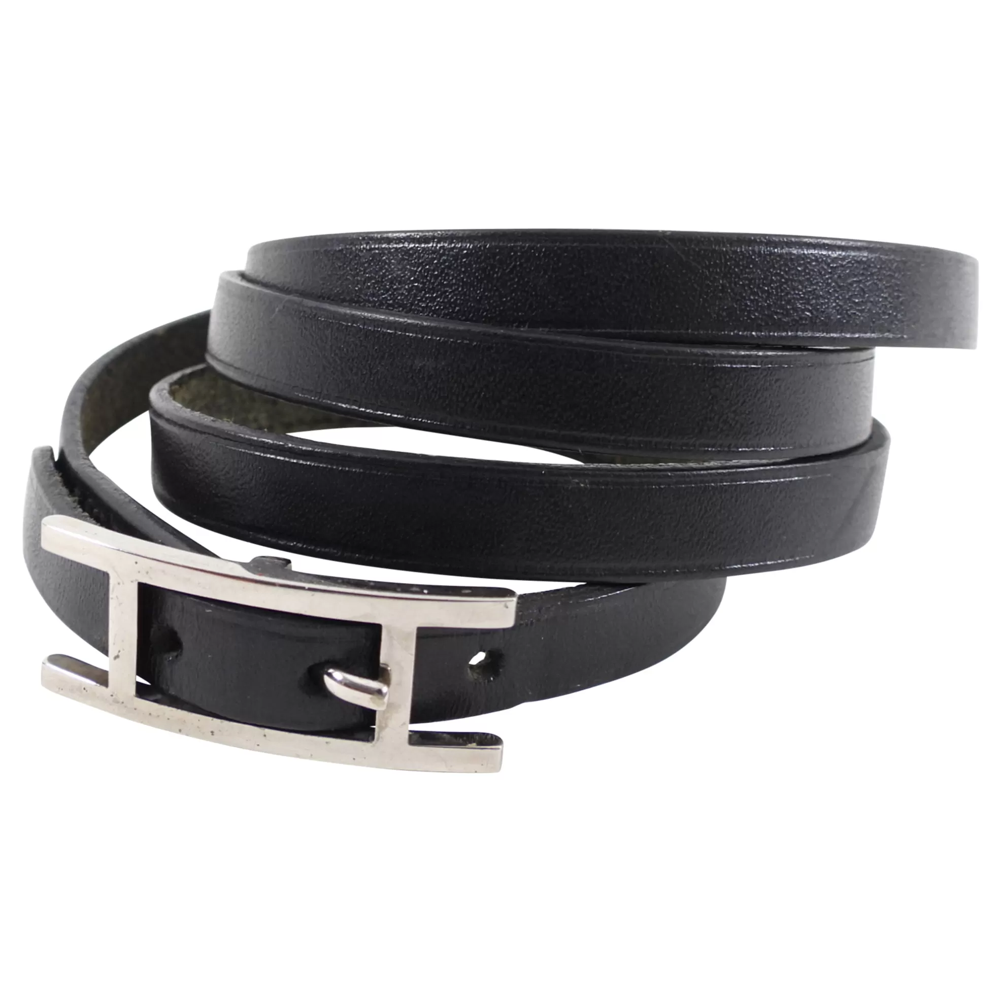 Hermes Behapi Black Leather Quad Tour Bracelet PHW