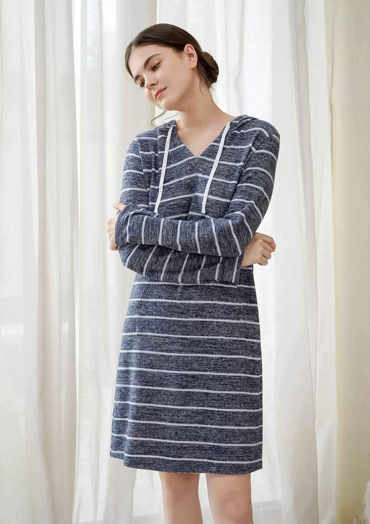 HSIA Brushed Hoodie Striped Sleepshirt