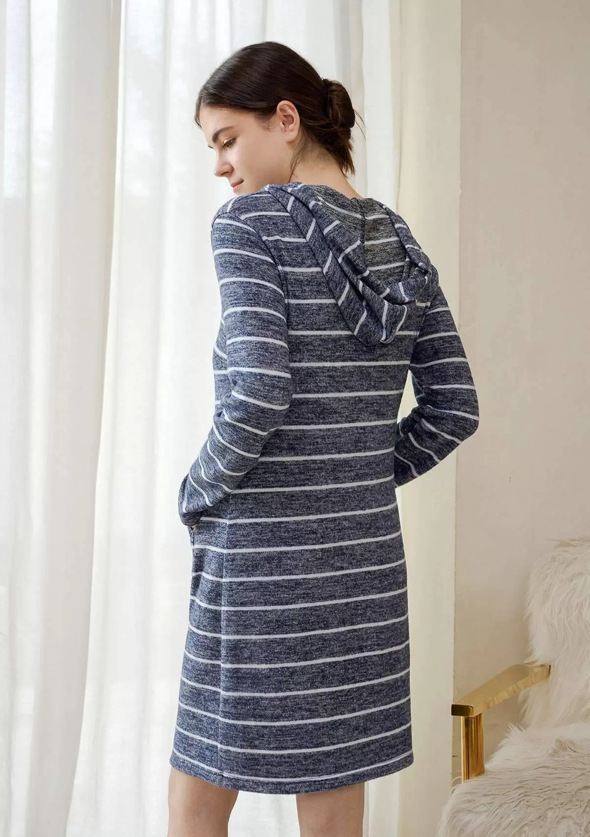 HSIA Brushed Hoodie Striped Sleepshirt