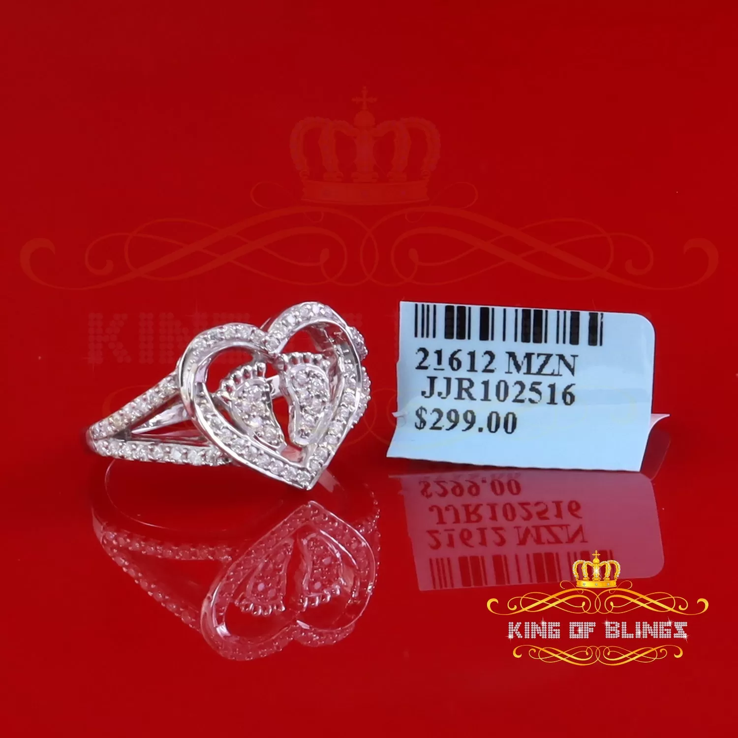 King of Bling's 925 Silver White Heart Child feet 1.00ct VVS D Moissanite Mom Rings Size 8 Women