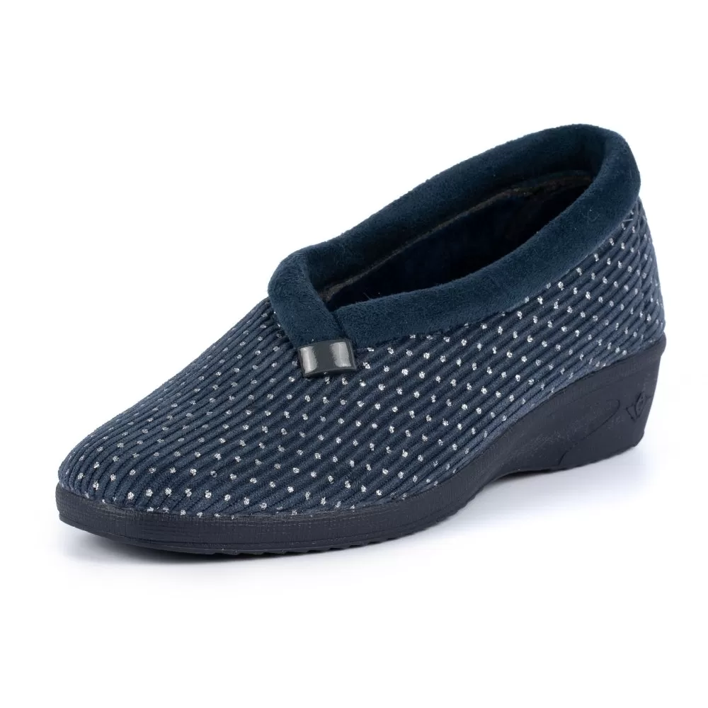 Ladies Bedroom Slippers Lunar Wedge Heel Navy Greta KLA155